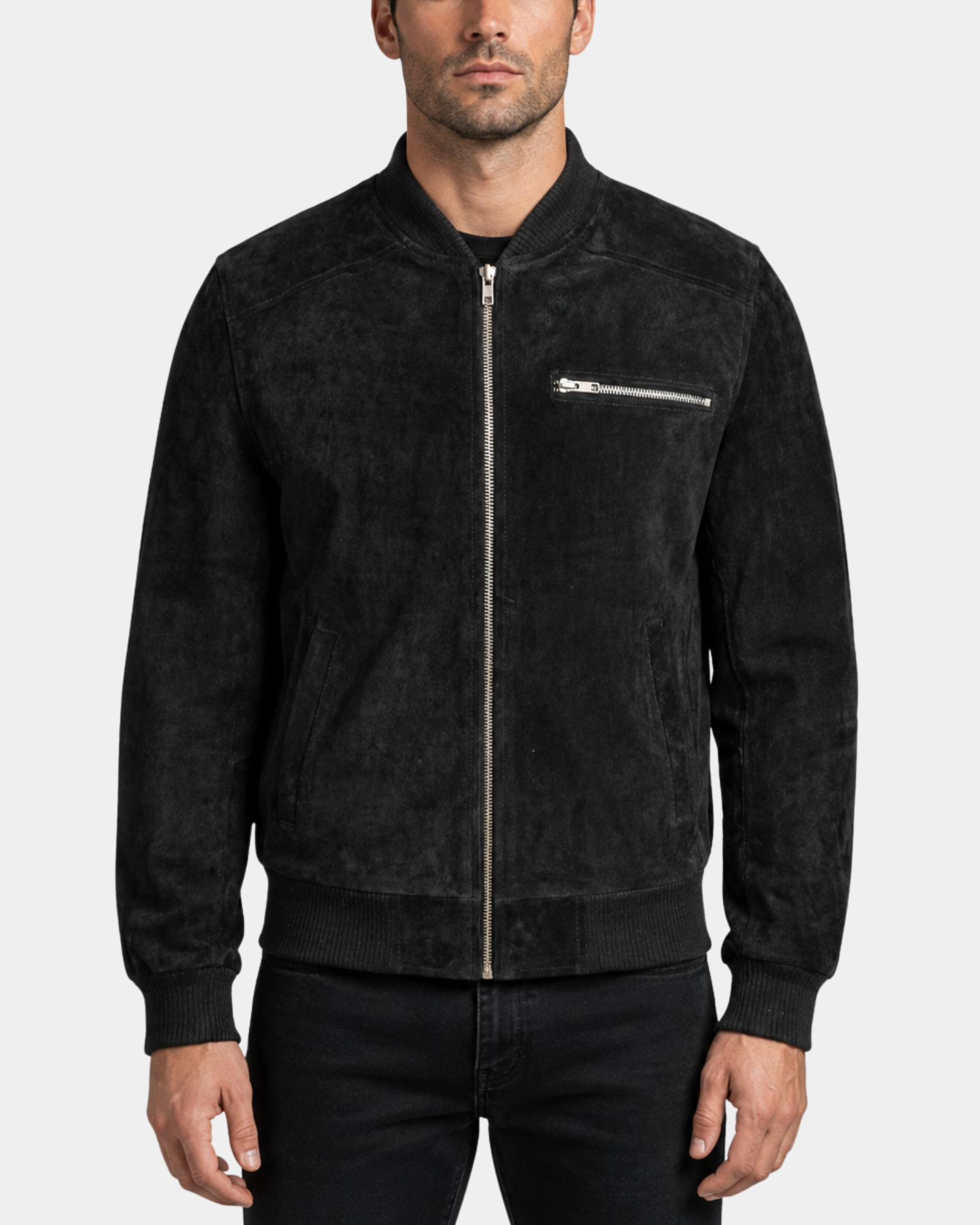 Men's Suede Bomber Varsity Jacket Reg Nova Black front closed