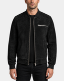 Men's Suede Bomber Varsity Jacket Reg Nova Black front open