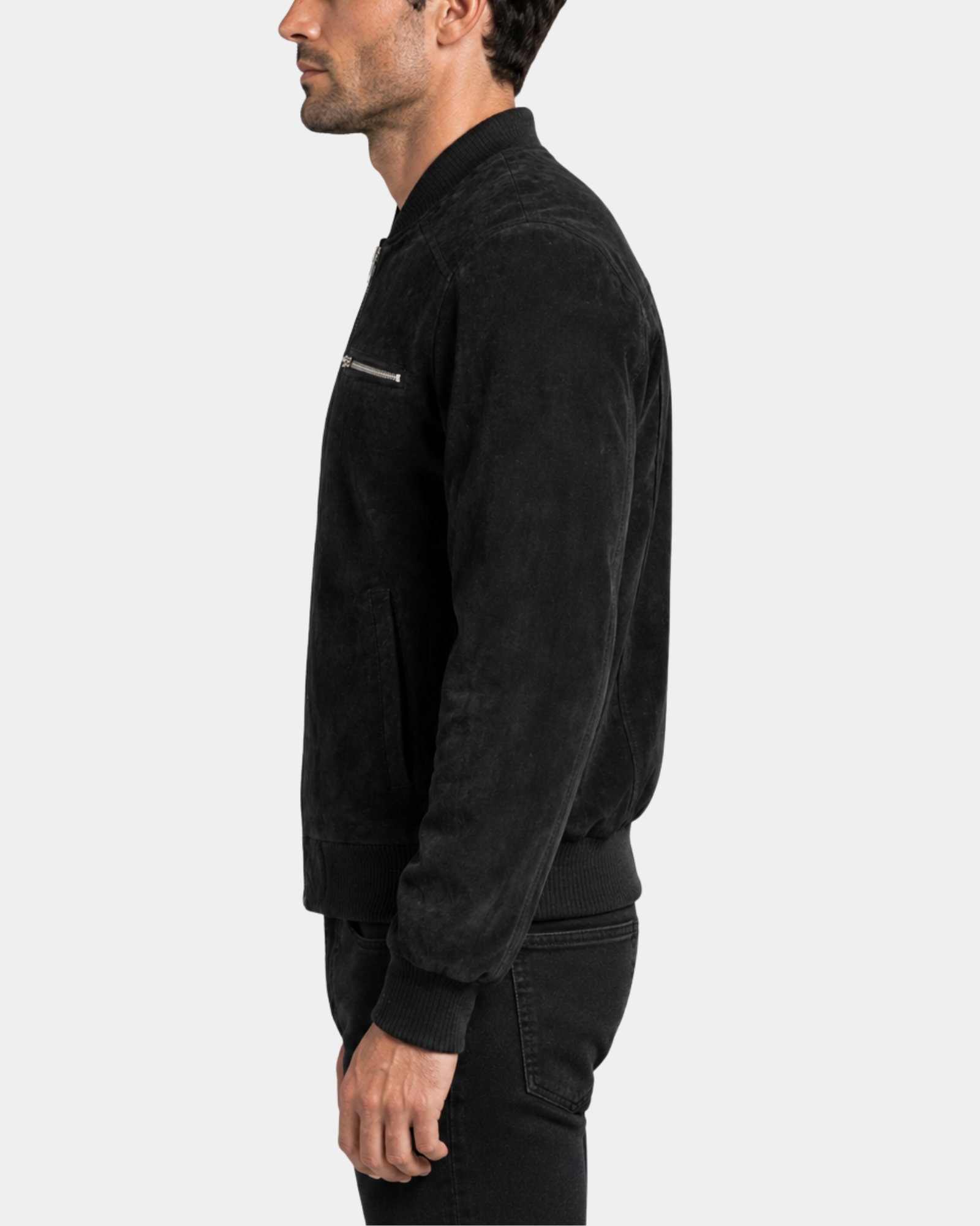 Men's Suede Bomber Varsity Jacket Reg Nova Black side view