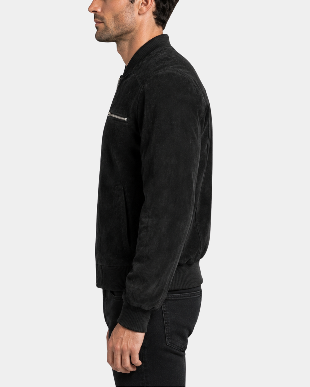 Men's Suede Bomber Varsity Jacket Reg Nova Black side view