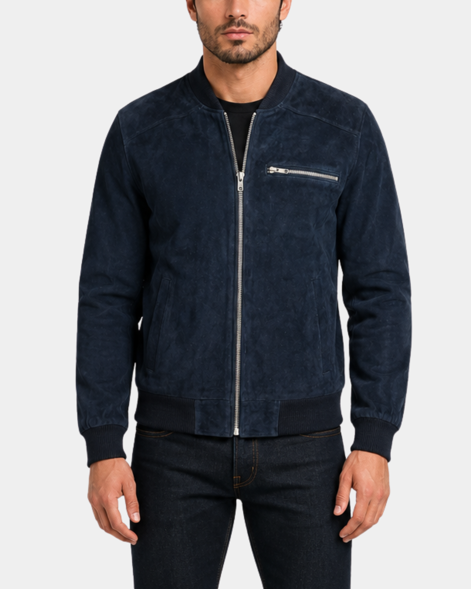 Men's Suede Bomber Varsity Jacket Reg Radient Blue front closed