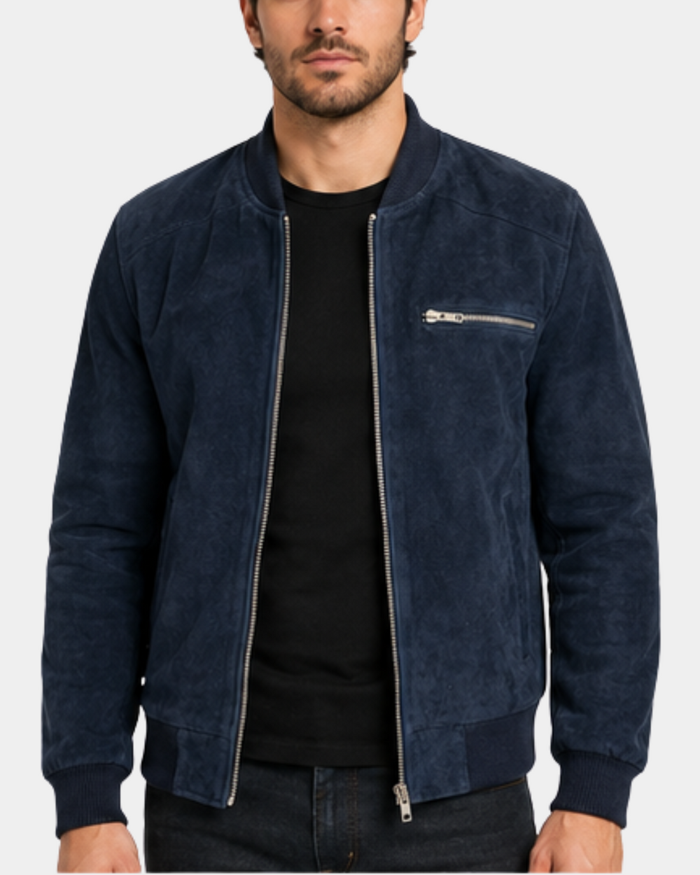 Men's Suede Bomber Varsity Jacket Reg Radient Blue front open