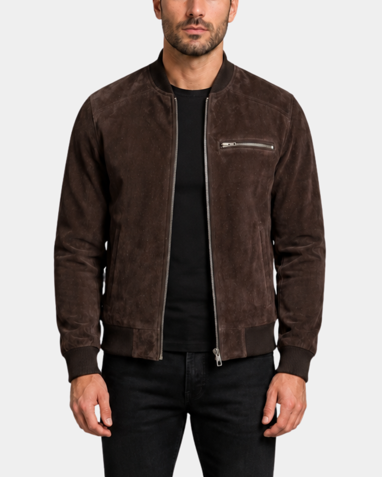 Men's Suede Bomber Varsity Jacket Reg Zenith Brown front open