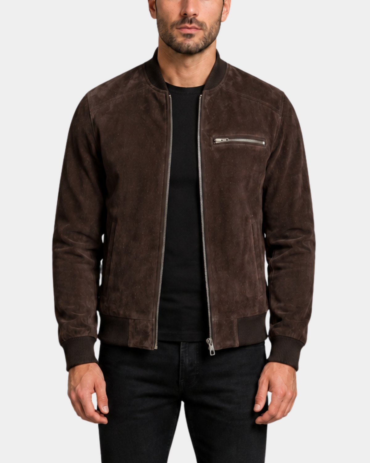 Men's Suede Bomber Varsity Jacket Reg Zenith Brown front open