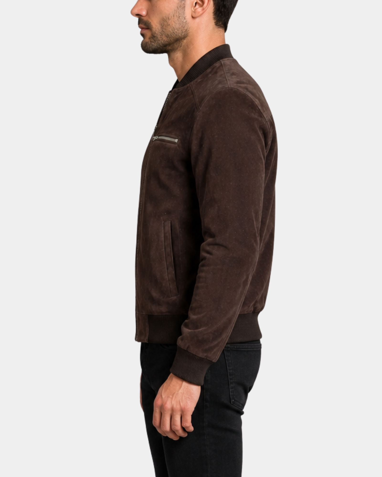 Men's Suede Bomber Varsity Jacket Reg Zenith Brown side view