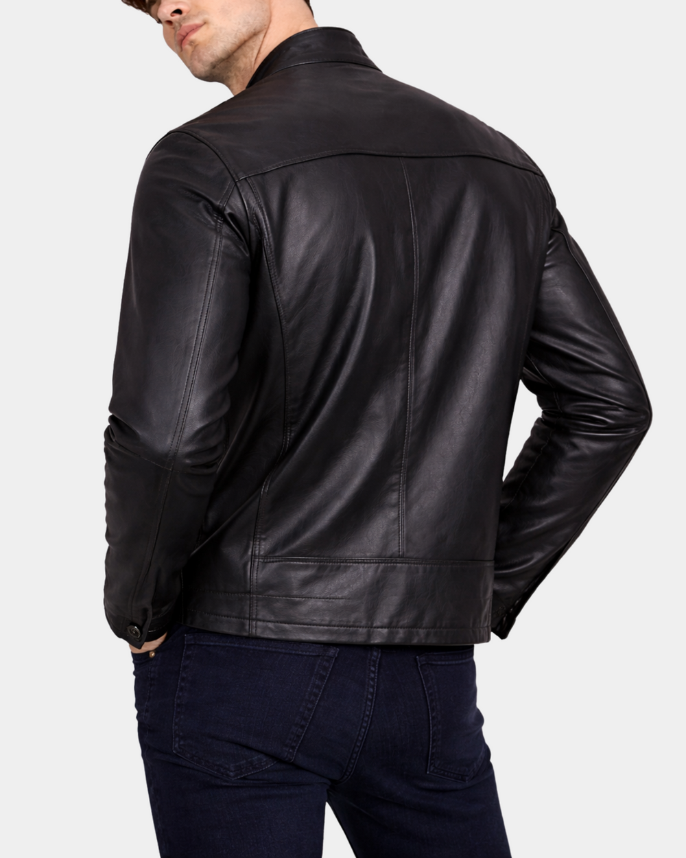 Men's Paul Nova Black cowhide leather standing collar jacket back view