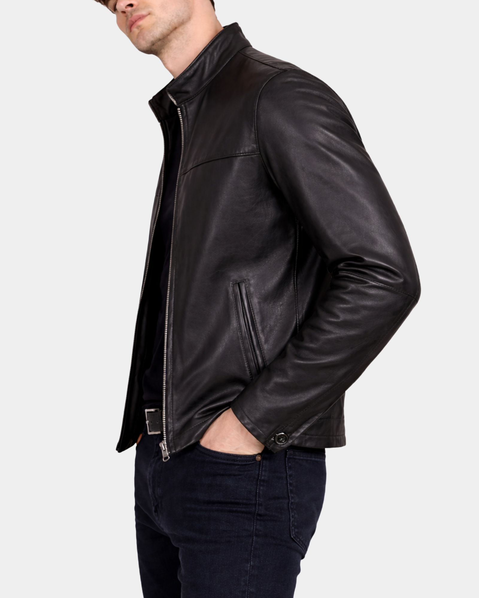 Men's Paul Nova Black cowhide leather standing collar jacket side view