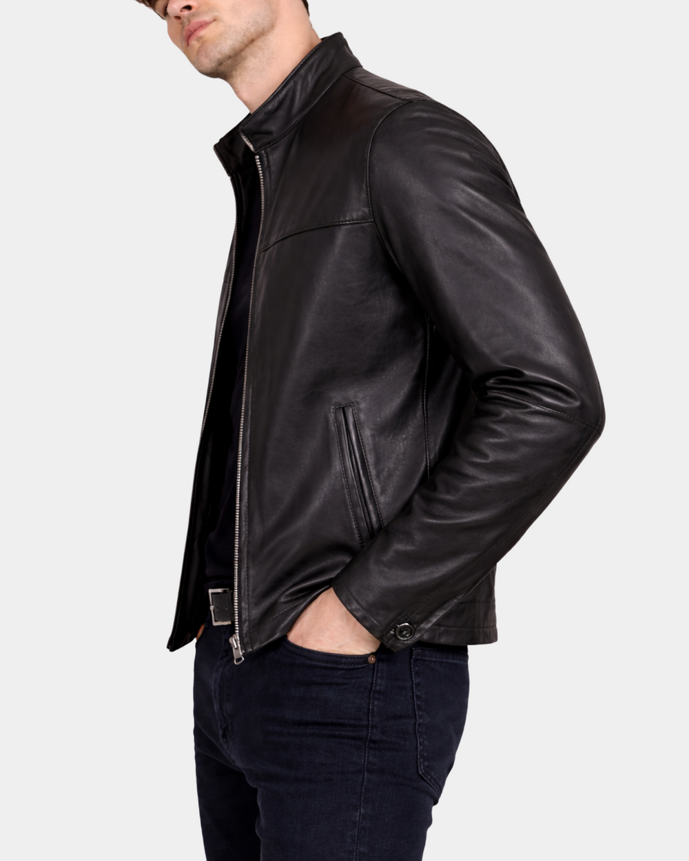 Men's Paul Nova Black cowhide leather standing collar jacket side view