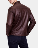Men's Paul Zenith Brown cowhide leather standing collar jacket back view