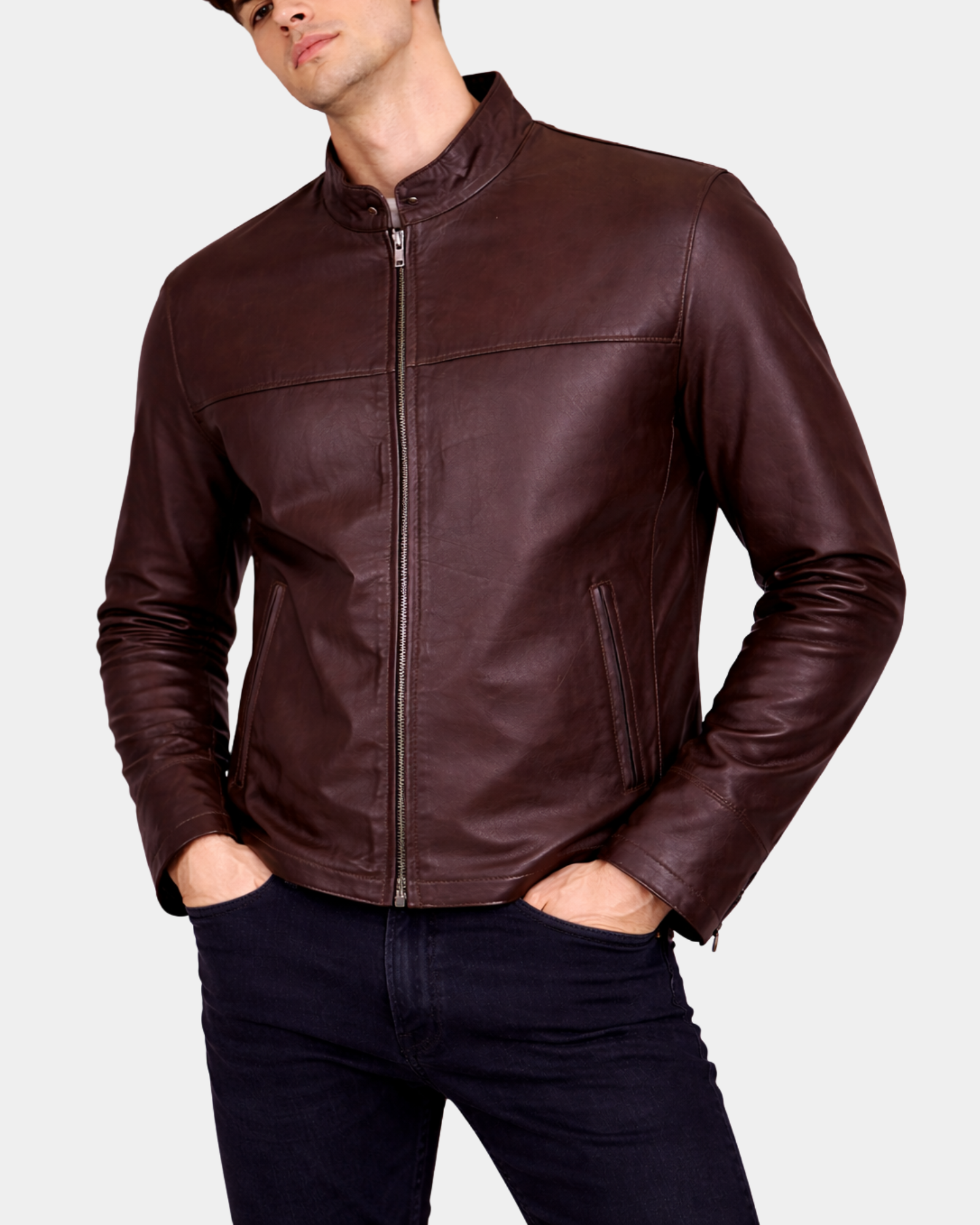 Men's Paul Zenith Brown cowhide leather standing collar jacket front closed view
