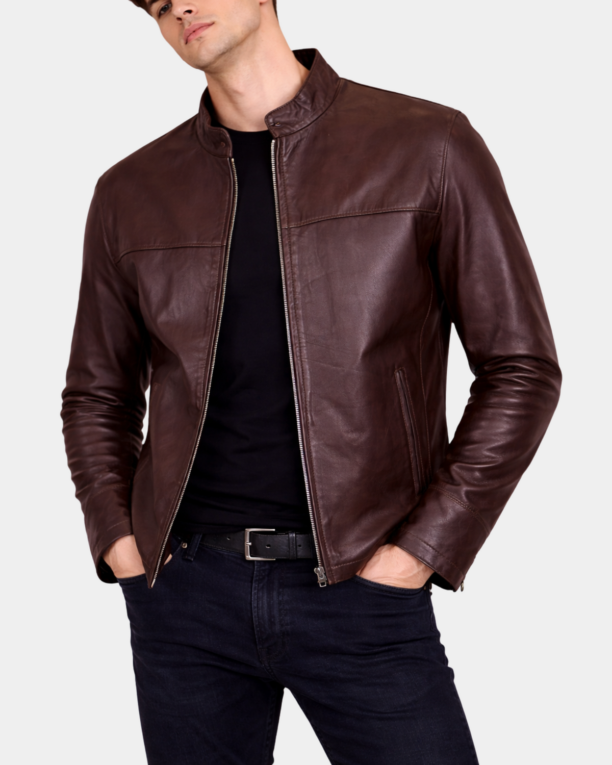 Men's Paul Zenith Brown cowhide leather standing collar jacket front open view