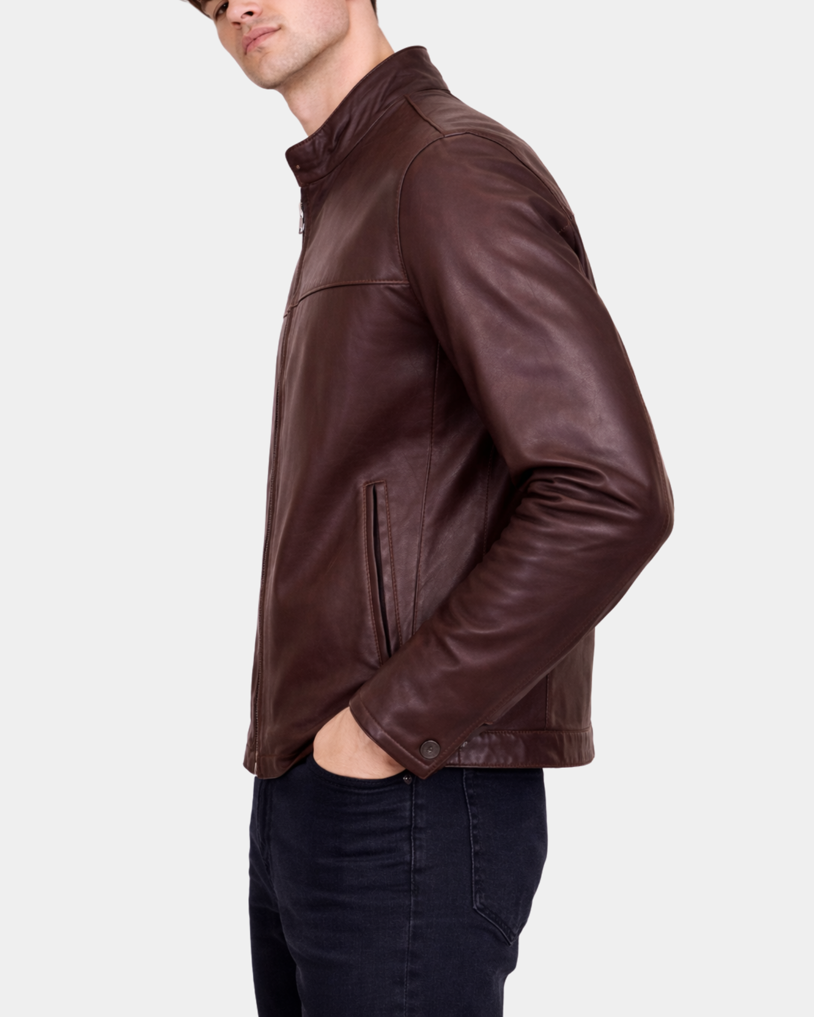 Men's Paul Zenith Brown cowhide leather standing collar jacket side view