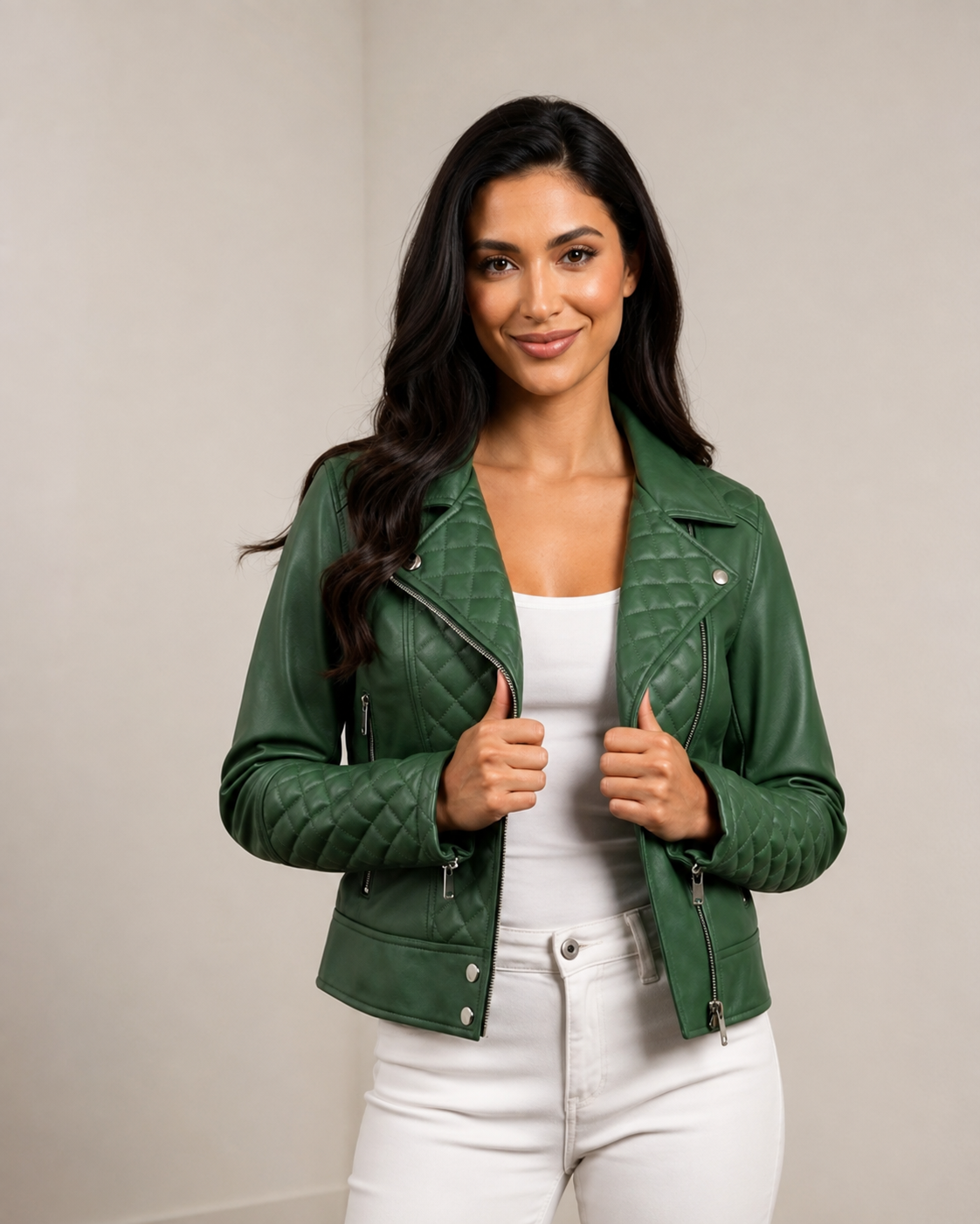 Women’s Leather Biker Jacket with Quilt Detail – Aurora Green