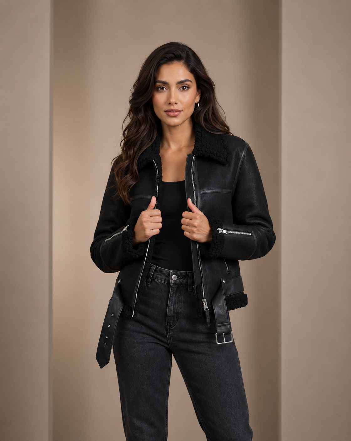 Women’s Sheepskin Aviator RAF Pilot Jacket – Nova Black