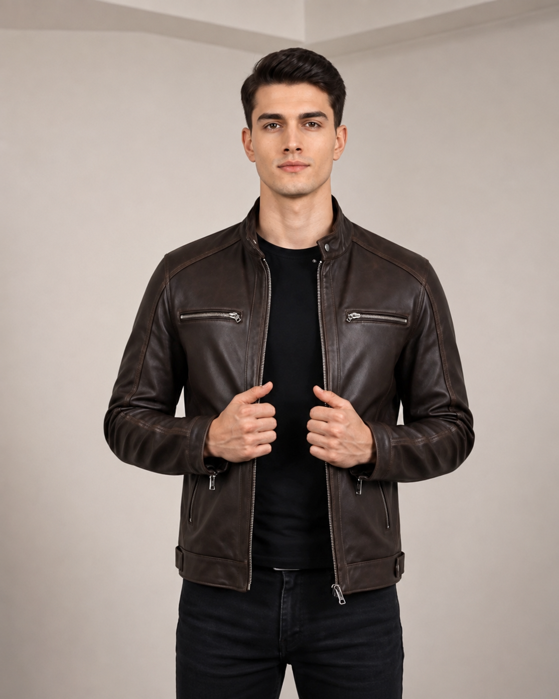 Men’s Classic Leather Biker-Style Zip Jacket Ethan – Zenith Brown