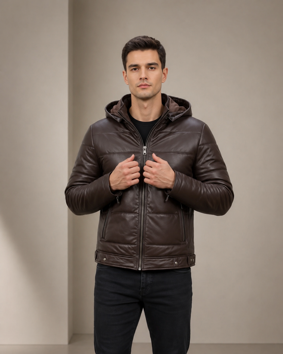 Men’s Leather Hooded Puffer Jacket – Zenith Brown