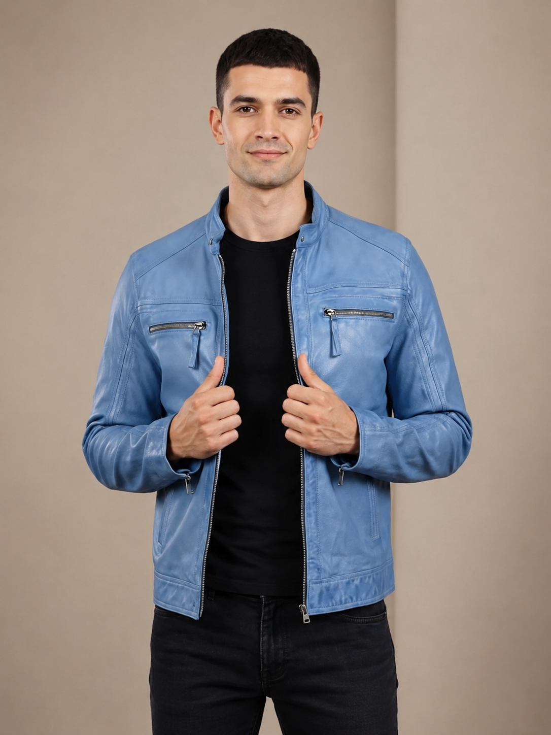 Men’s Leather Cafe Racer Biker Jacket Charlie – Horizon Sky Blue