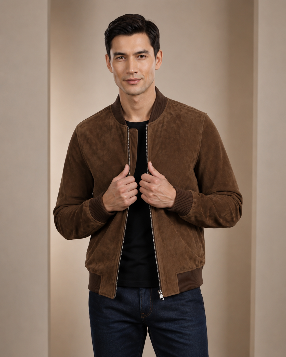 Men’s Suede MA-1 Bomber Jacket – Trevor Zenith Brown