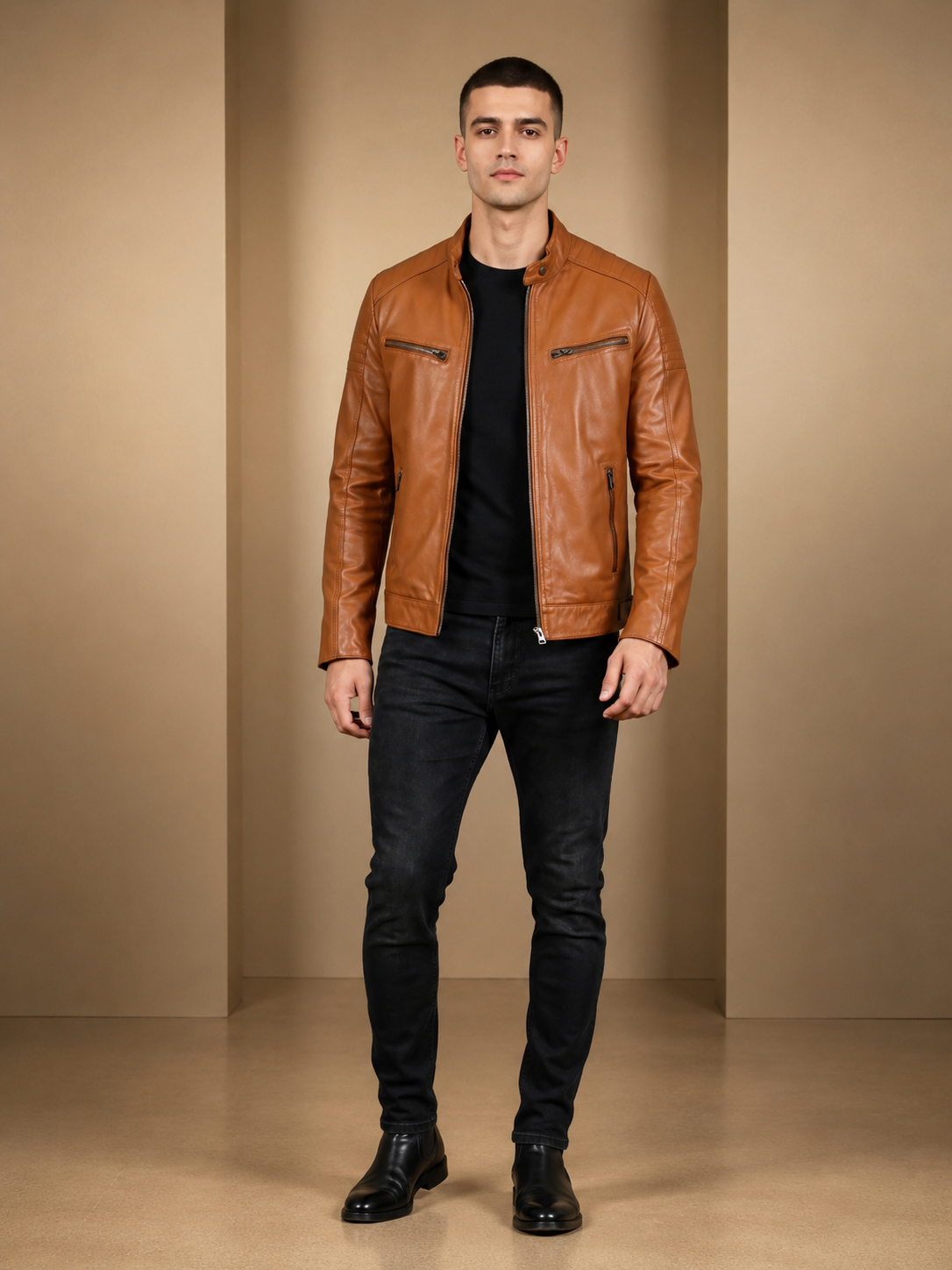 Men’s Leather Cafe Racer Biker Jacket – Dynamo Tan