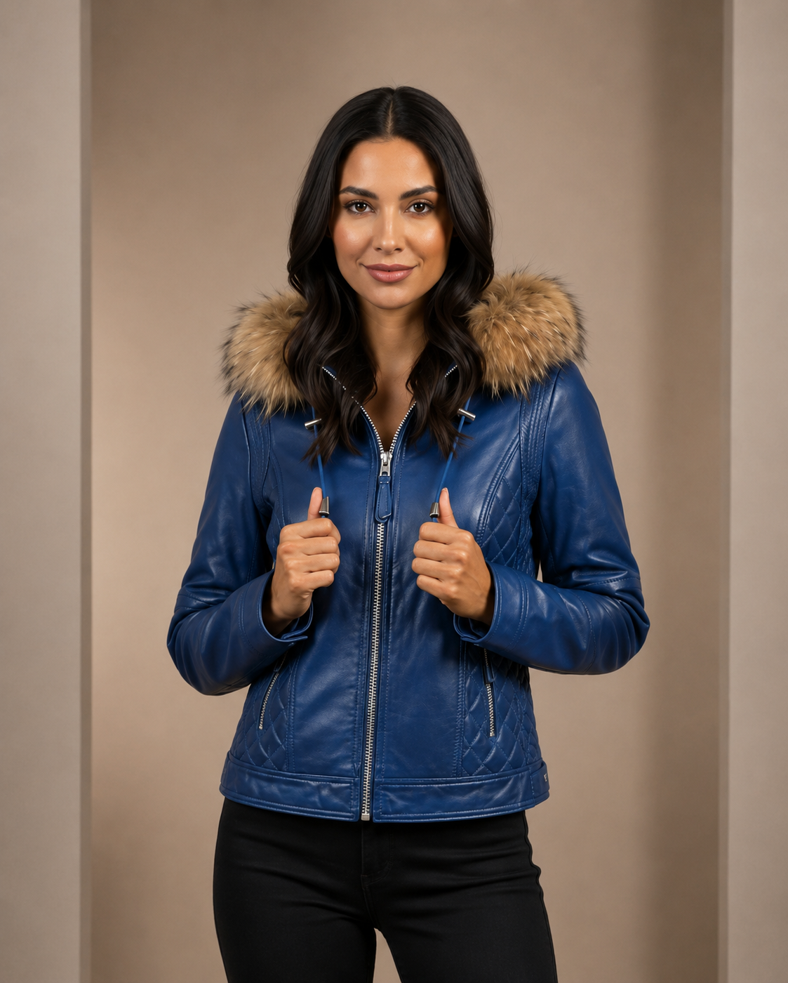 Women’s Detachable Hoodie Biker Leather Jacket – Lily Radiant Blue