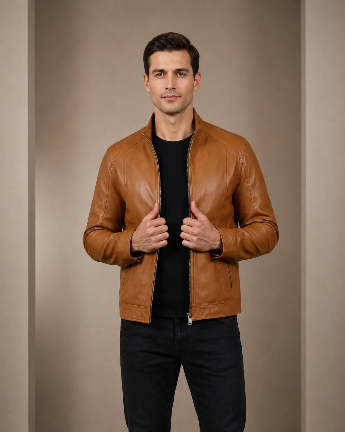 Men's Soft Leather Casual Plain Zip Jacket Matt Dynamo Tan