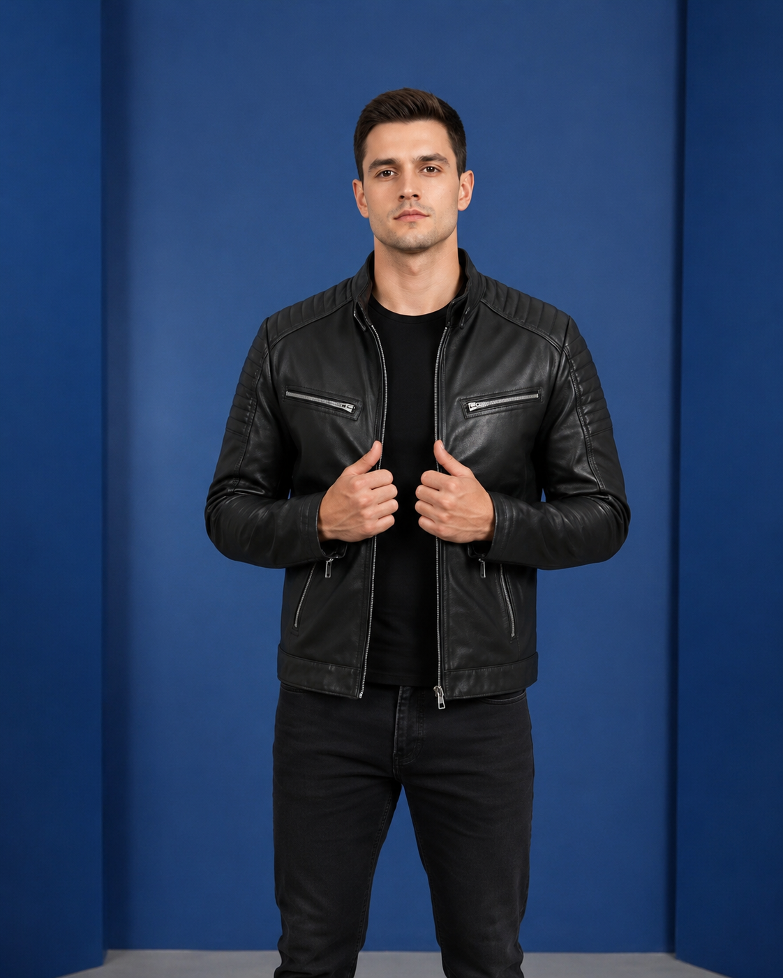 Men’s Leather Cafe Racer Biker Jacket Ron – Nova Black
