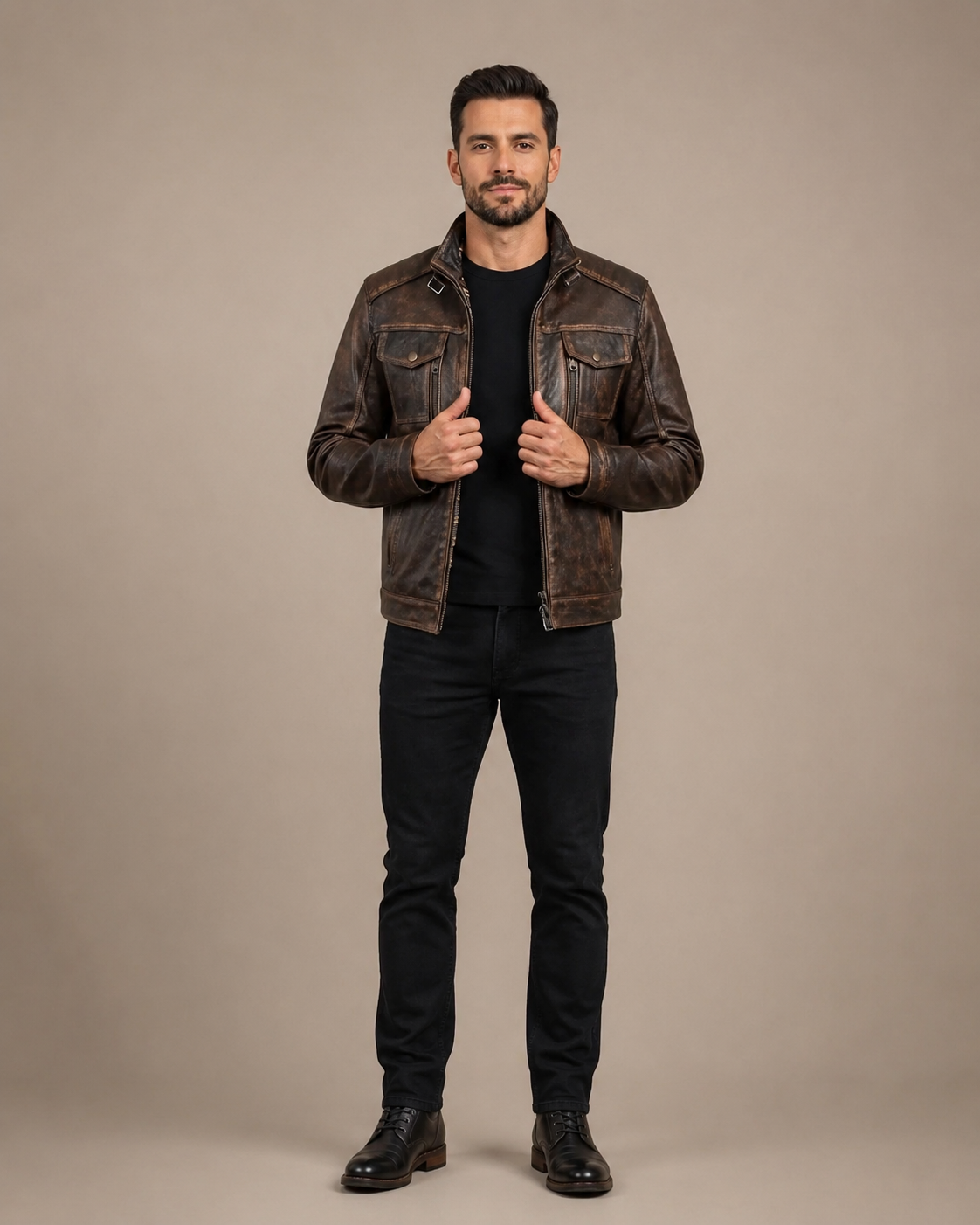 Men's Leather Urban Biker Style Jacket Hugo Zenith Brown Vintage
