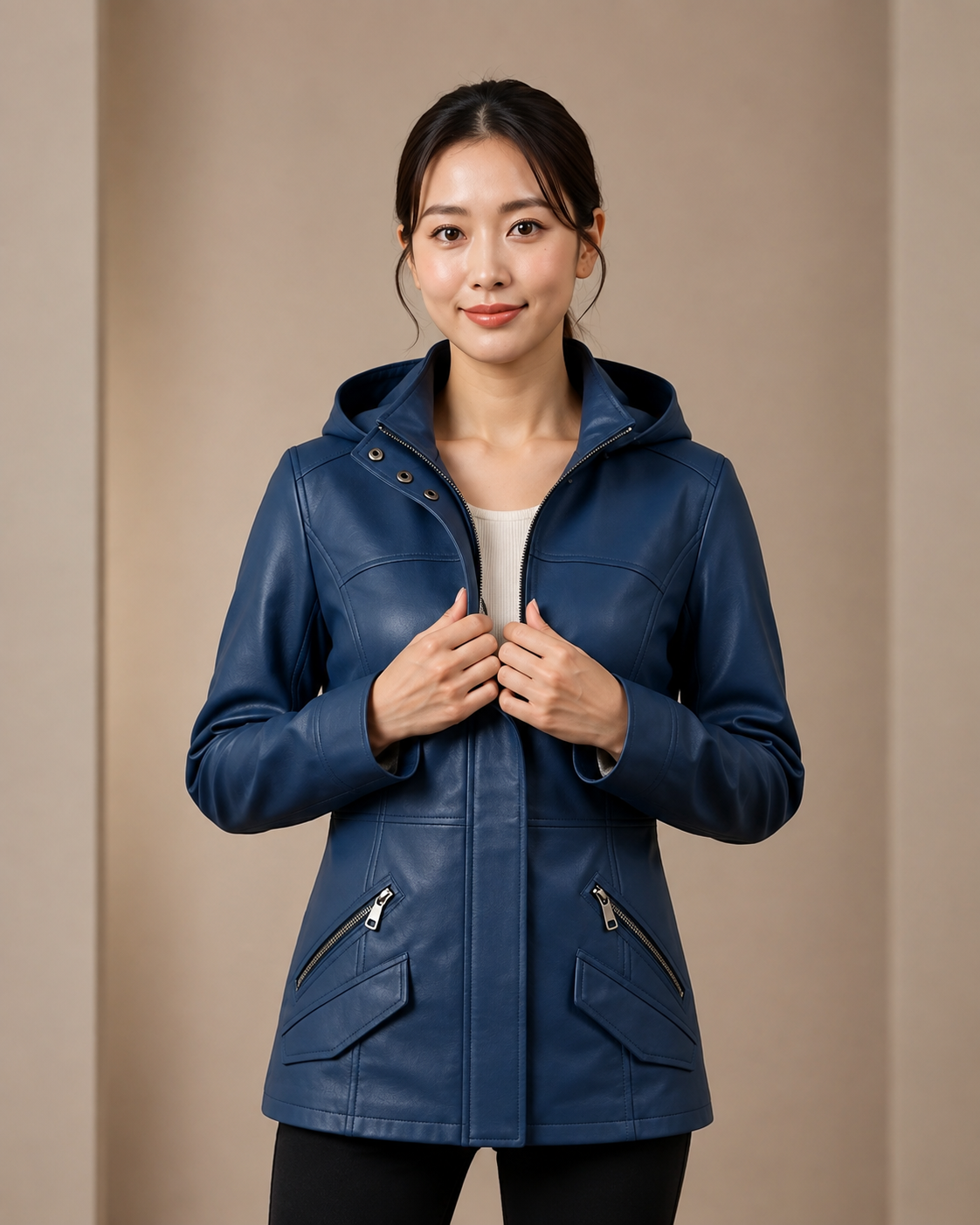 Azure Harbor Detachable-Hood Leather Coat Azure Blue