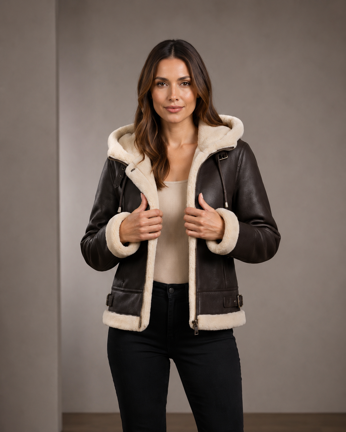 Women's Sheepskin B3 Detachable Hoodie Jacket Zenith Brown White