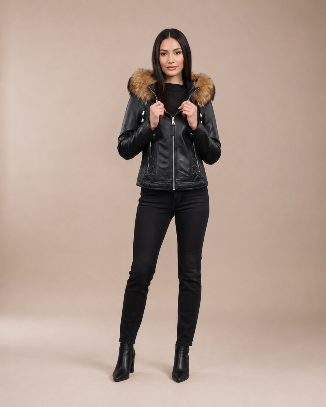 Women’s Detachable Hoodie Biker Leather Jacket – Lily Nova Black