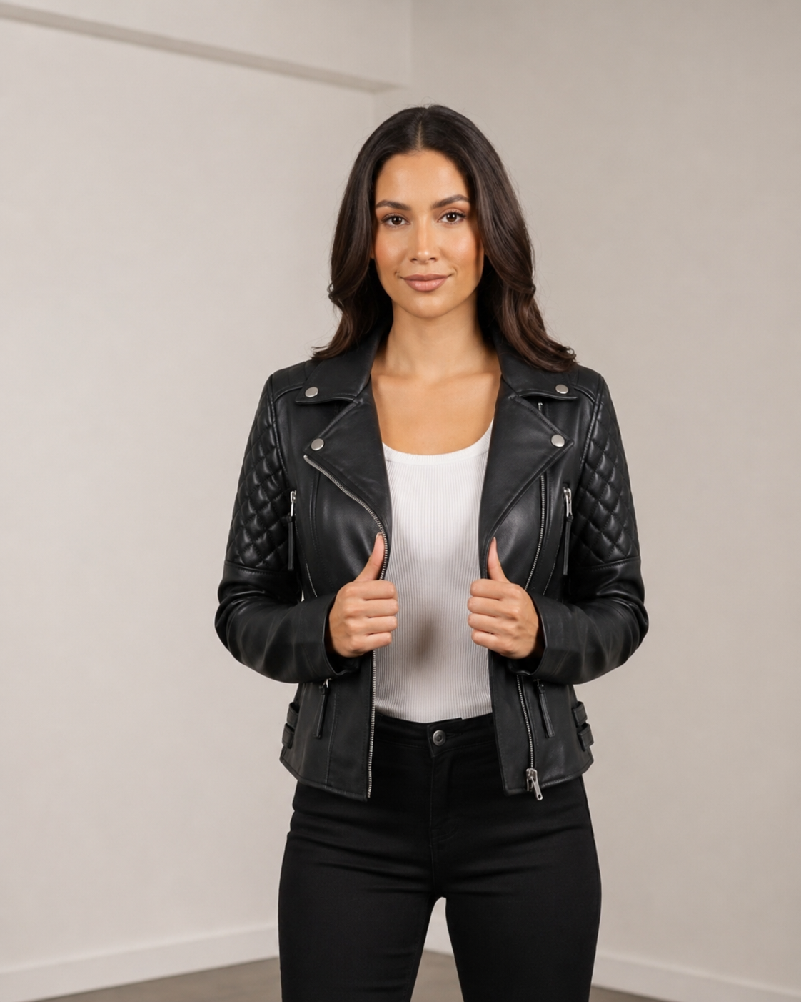 Women’s Cross-Zip Biker Leather Jacket – Claudia Nova Black