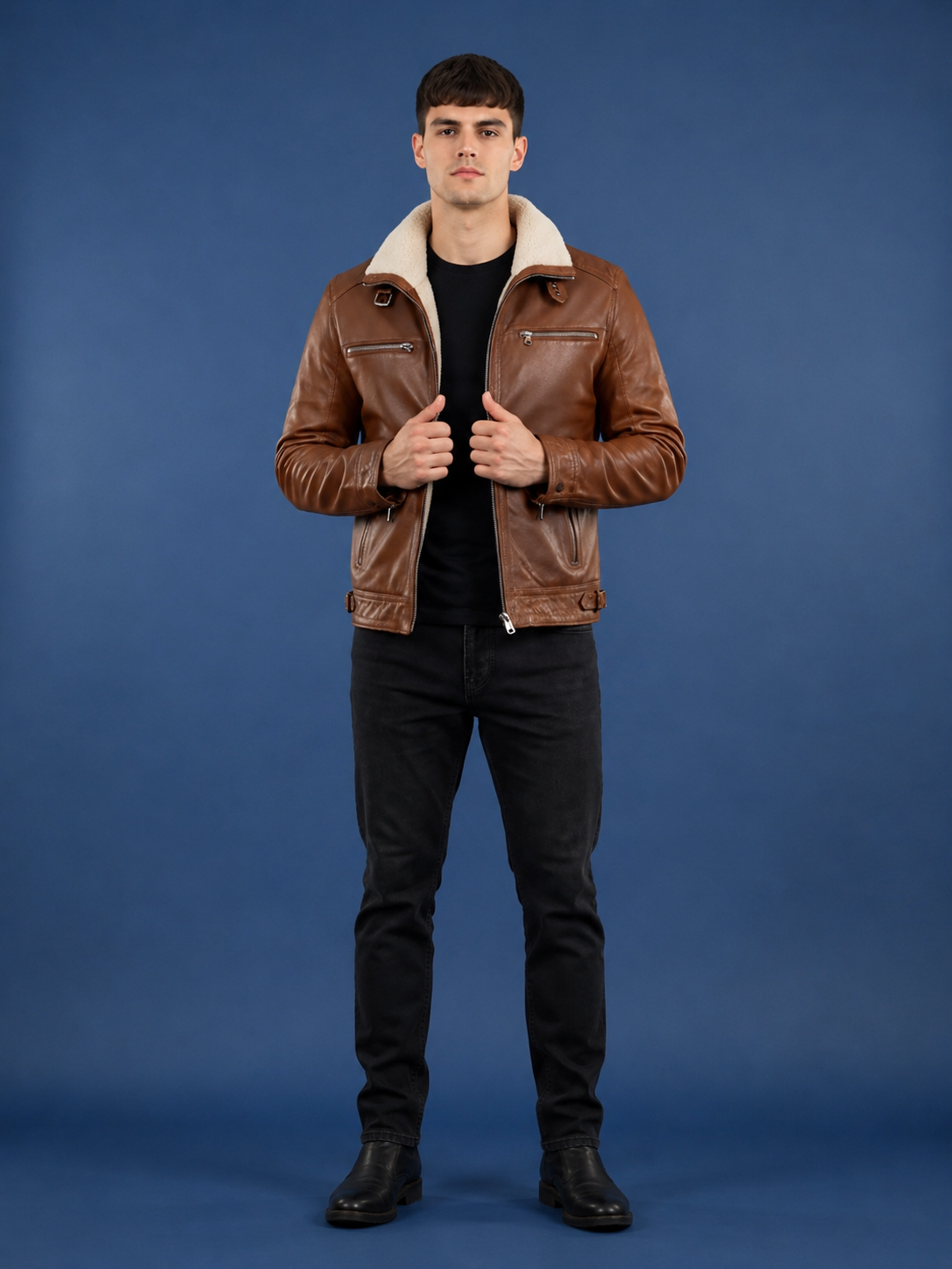 Men’s Real Leather Sherpa-Lined Jacket Alfie – Zenith Brown