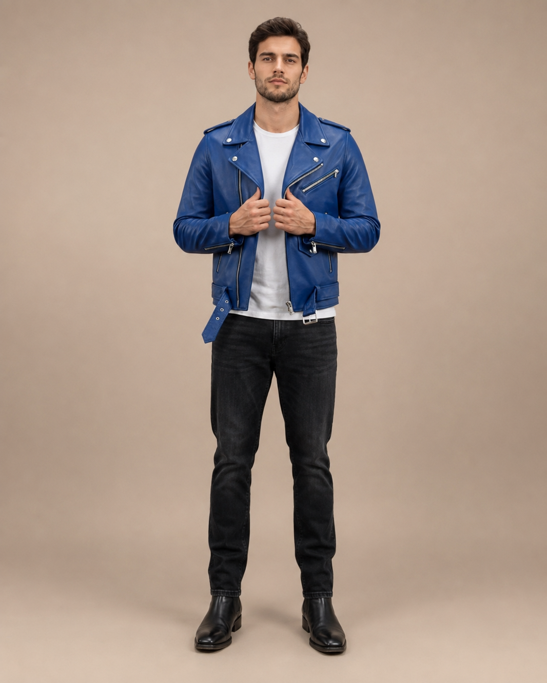 Men’s Heavy-Duty Leather Biker Brando Jacket – Radiant Blue
