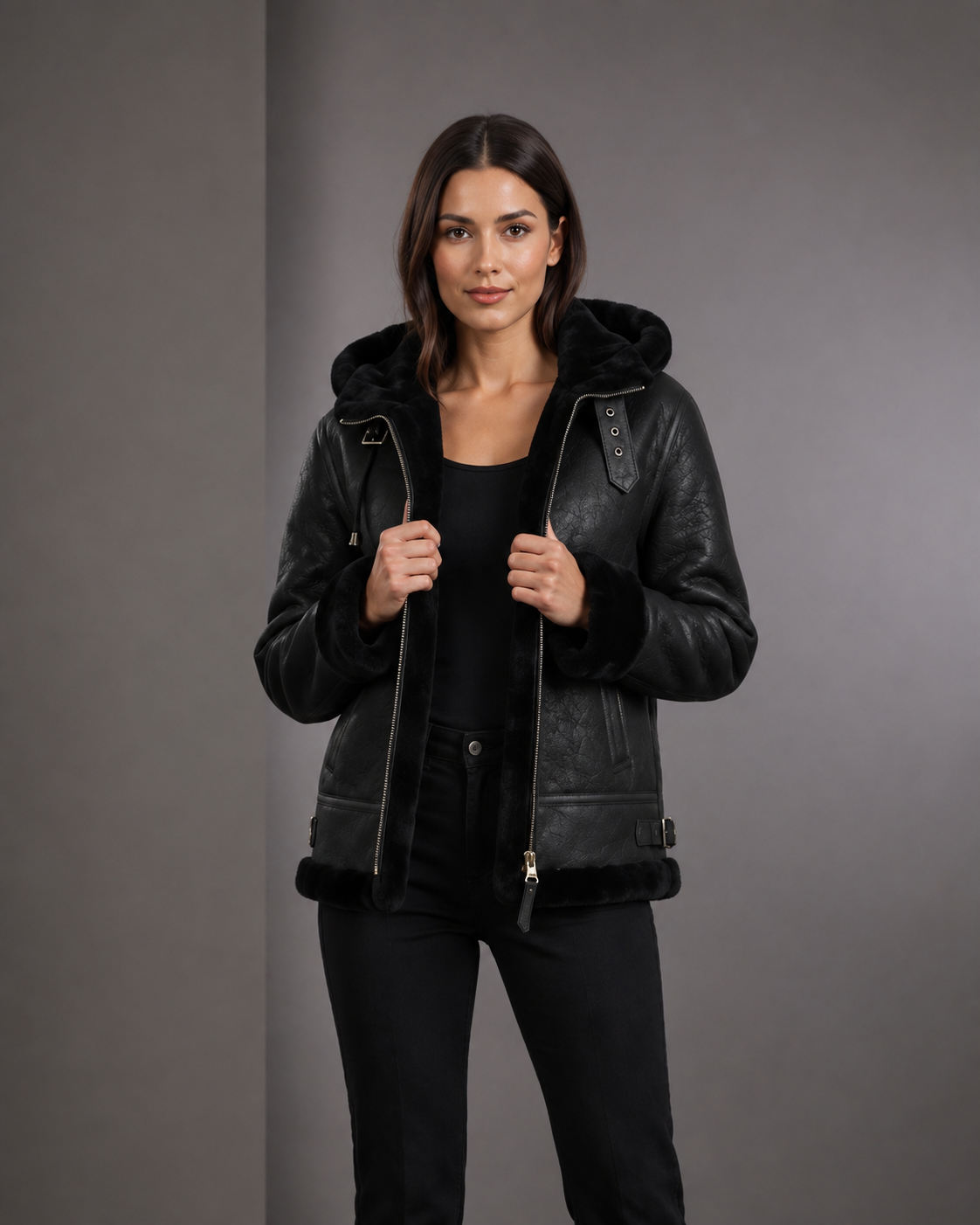Women's Sheepskin B3 Detachable Hoodie Jacket Nova Black