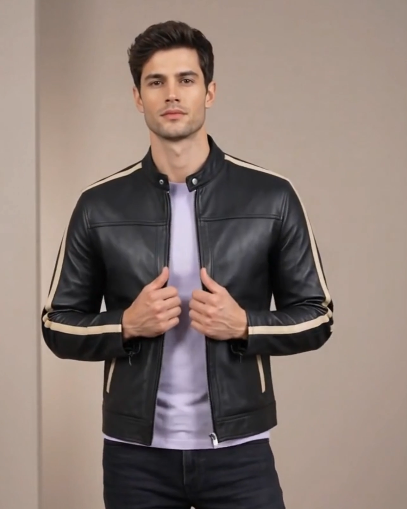 Men’s Leather Biker Jacket with Racing Stripes Clyde – Nova Black