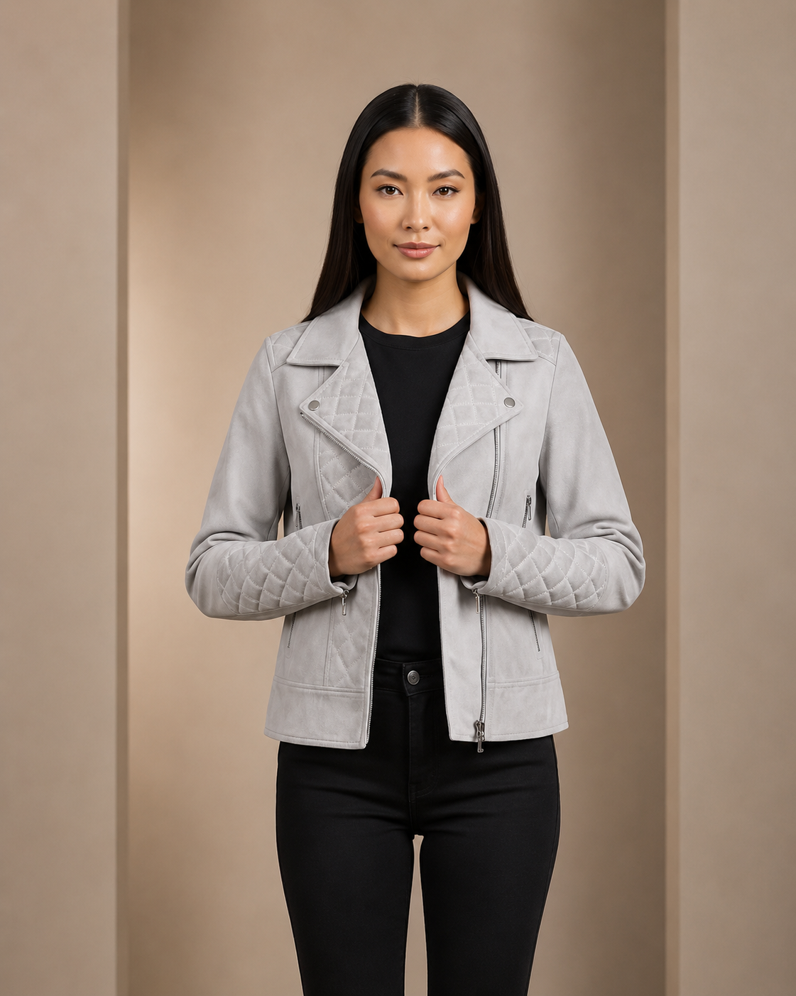 Women’s Leather Biker Jacket with Quilt Detail – Vintage Astral White