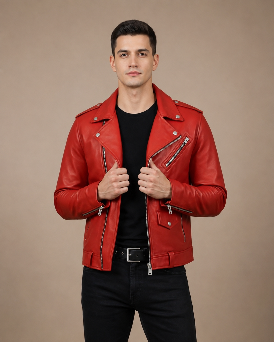 Men’s Leather Biker Jacket Brando Style Johnny – Ignite Red