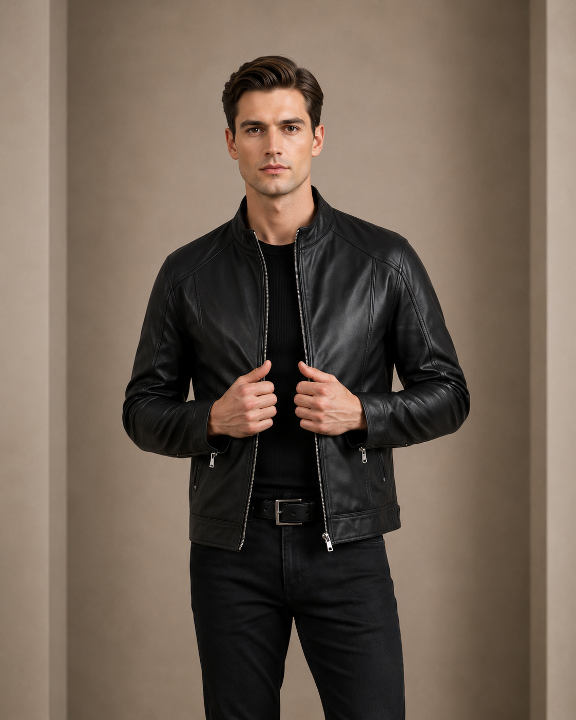 Men's Soft Leather Casual Plain Zip Jacket Matt Nova Black