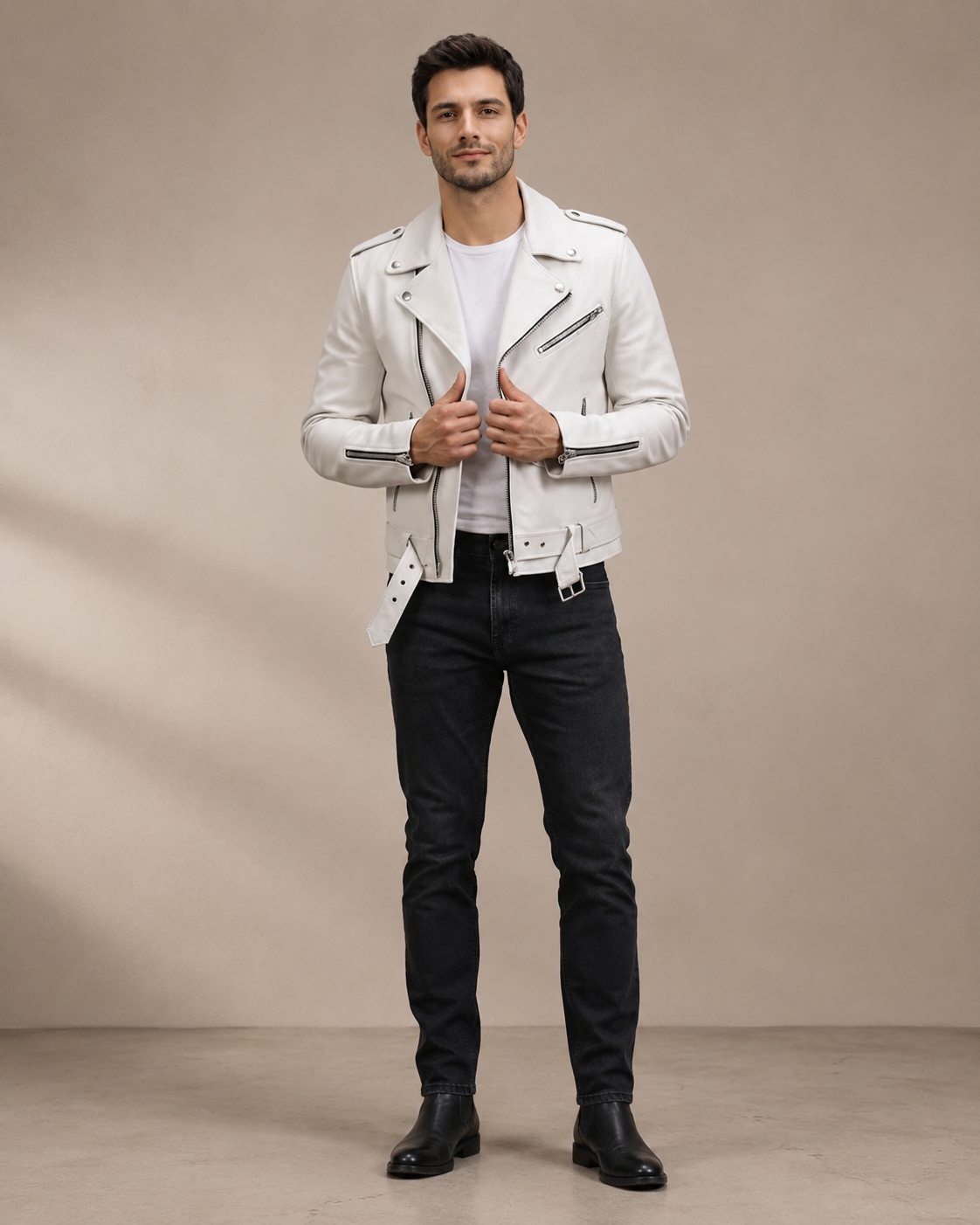 Men’s Heavy-Duty Leather Biker Brando Jacket – Astral White