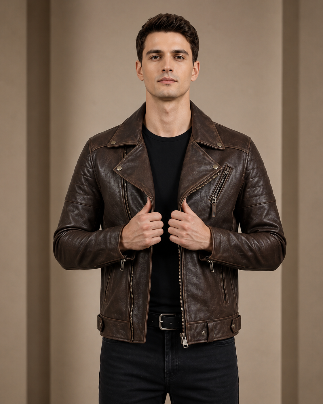 Men’s Biker Leather Jacket with Dual Zip Hook – Zenith Brown