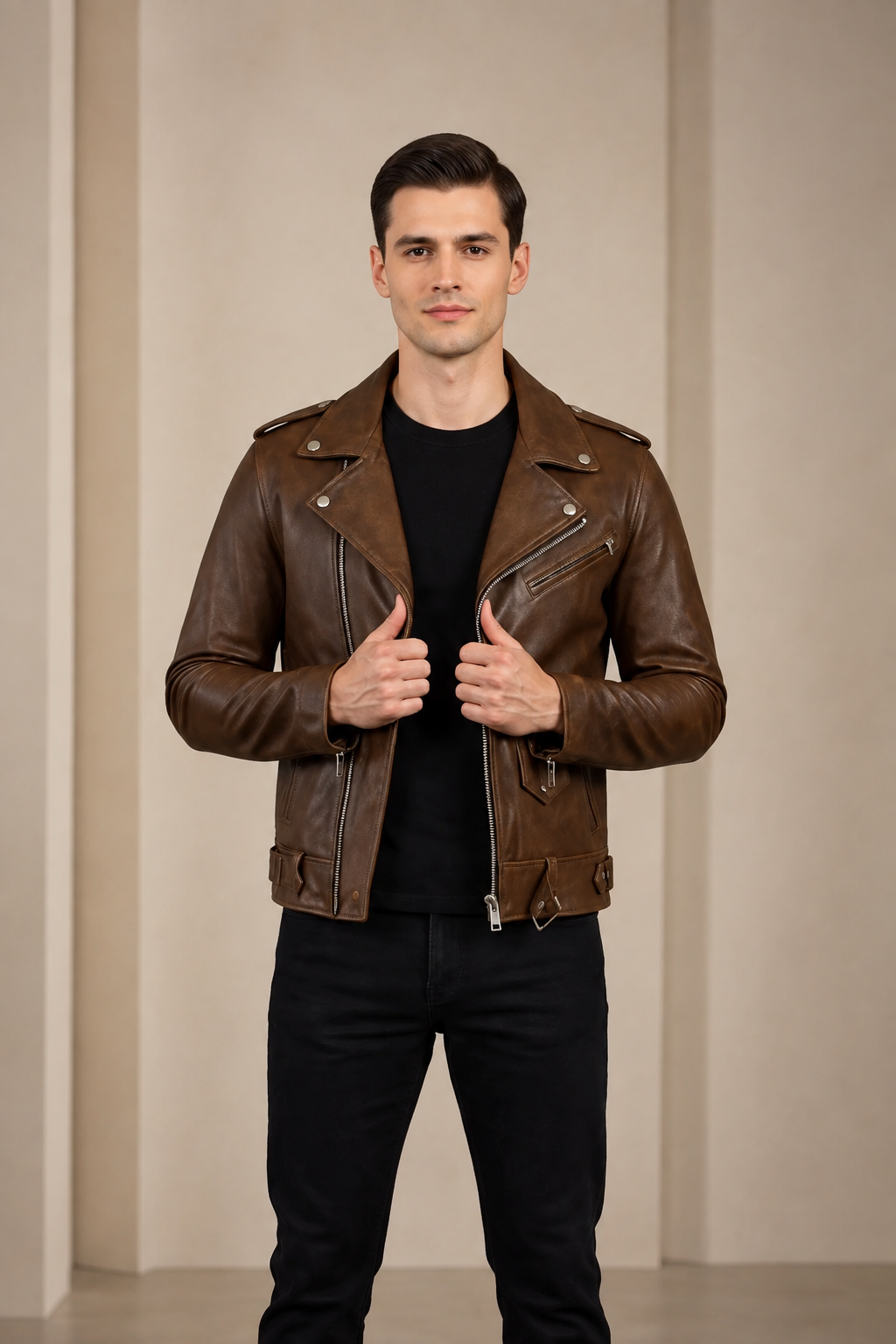 Men’s Leather Biker Brando Design Jacket – Zenith Brown