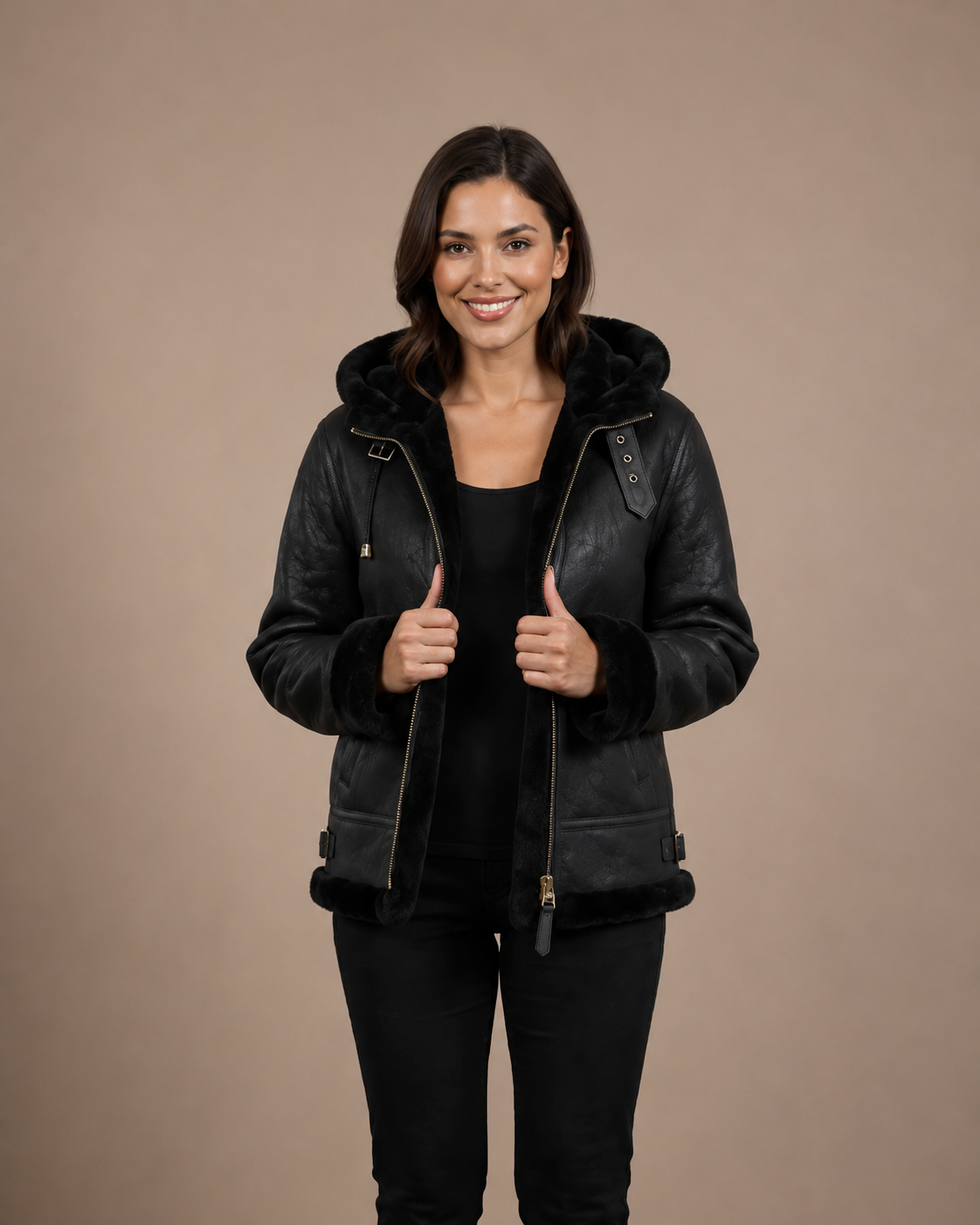 Women’s Sheepskin Aviator Cross-Zip Pilot Jacket – Nova Black