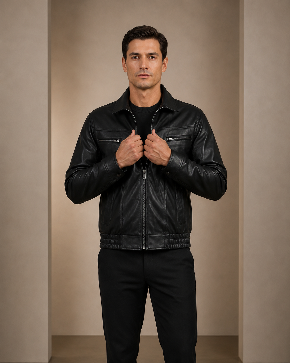 Men's Leather Bomber Blouson Jacket Robert Nova Black