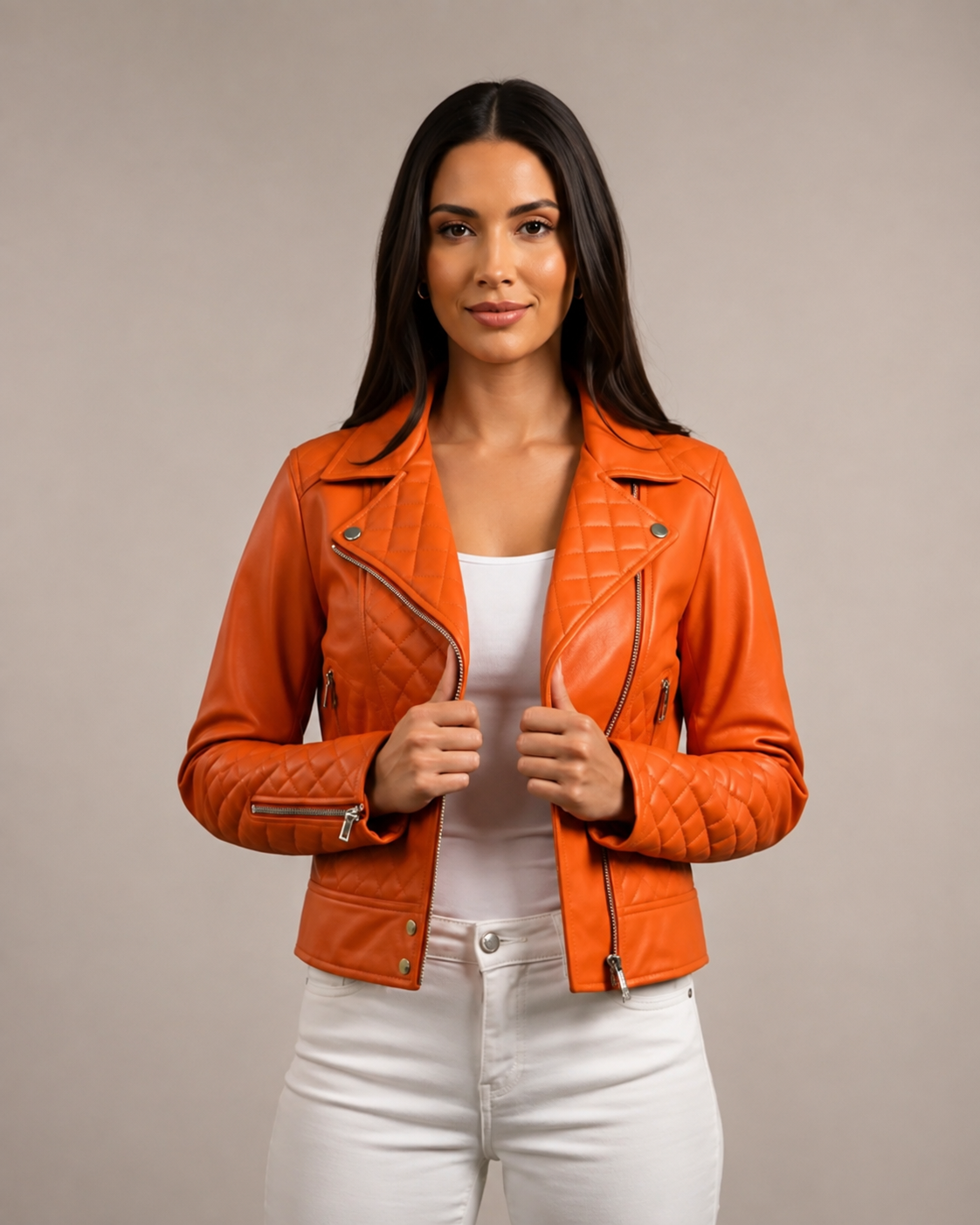 Women’s Leather Biker Jacket with Quilt Detail – Blissful Orange