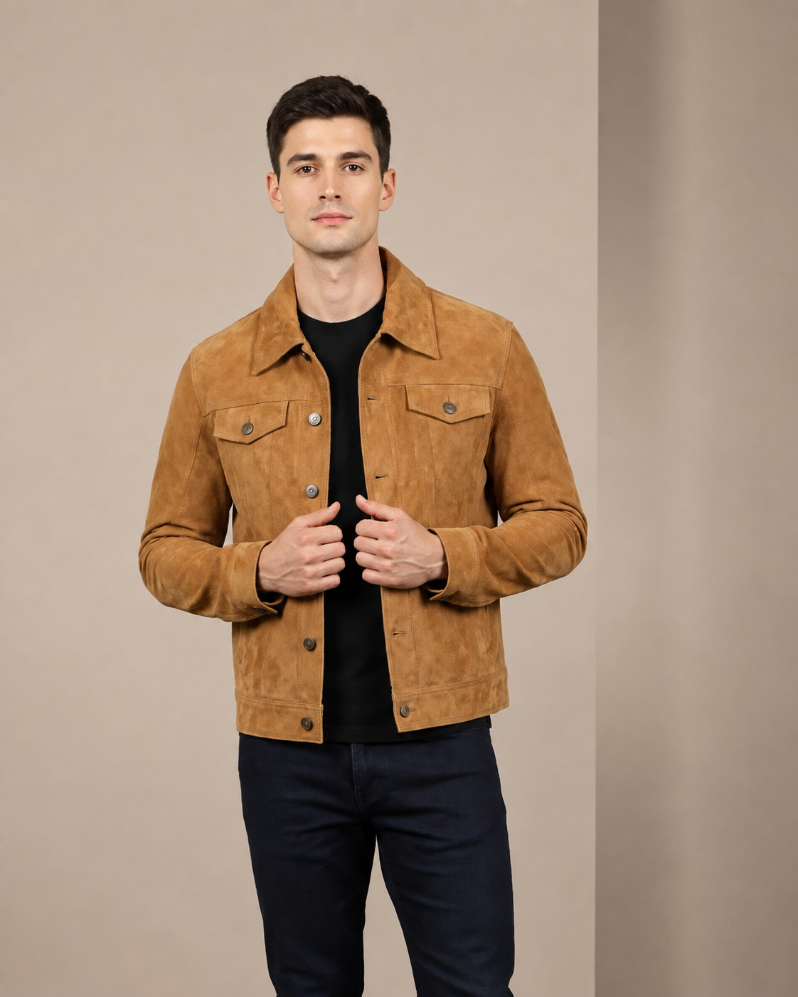 Men's Real Suede Trucker Harrington Jacket Daryl Dynamo Tan