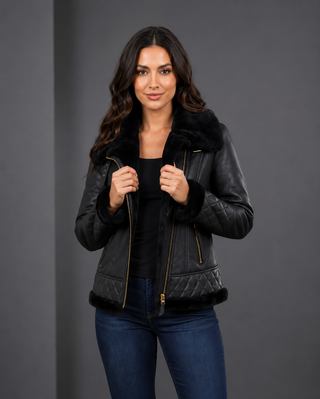 Women’s Merino Sheepskin Aviator Jacket – Nova Black