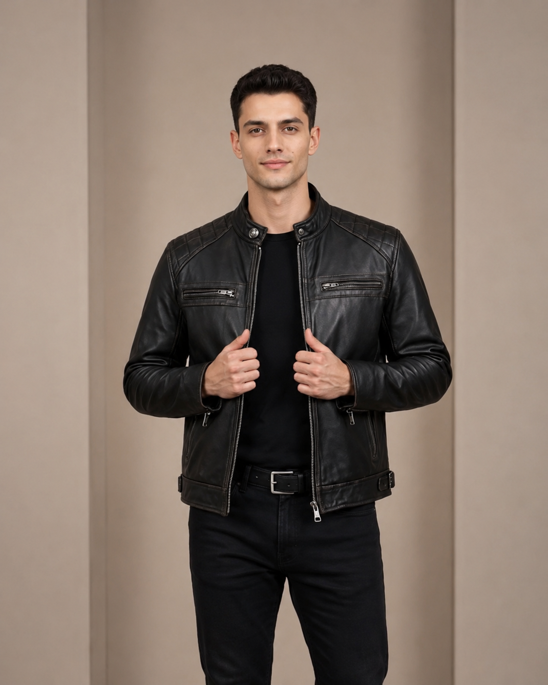 Men’s Biker Leather Jacket with Standing Collar – Bowie Rub-Off