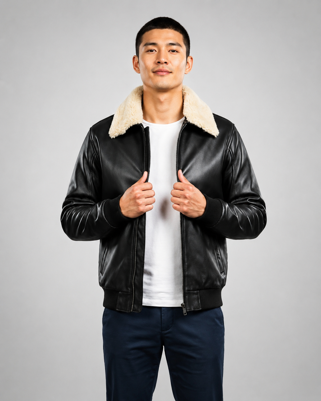 Men’s Bomber Leather Jacket with Sheepskin Collar – Viggo Nova Black