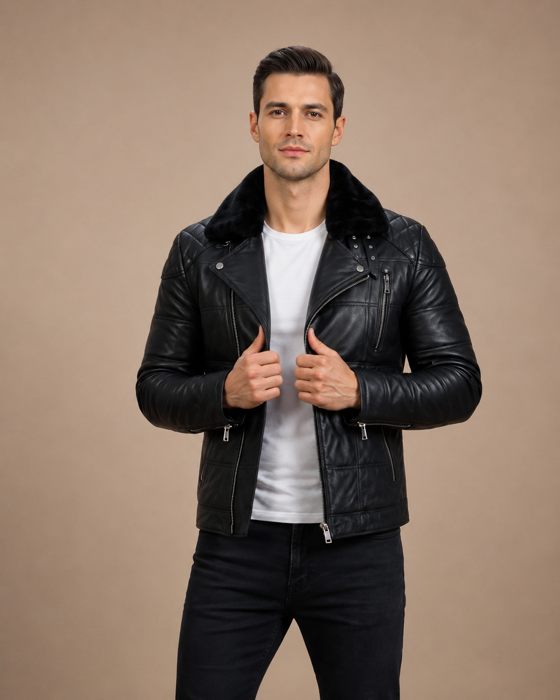 Men’s Leather Biker-Style Puffer Jacket Ronnie – Nova Black