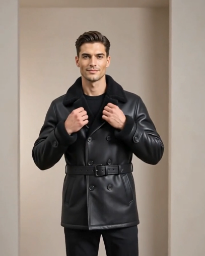 Midnight Regent Men’s Sheepskin Leather Coat blends military Nova Black